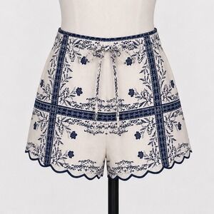A New Day Womens Linen Blend Scalloped Hem Floral Print Shorts Navy White Size 0